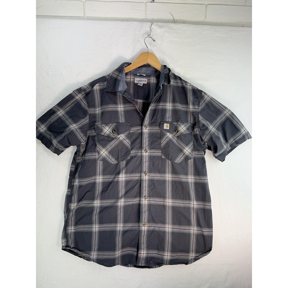 Carhartt Shirt Mens Large Gray Plaid Button Up Short Sleeve Workwear Outdoor